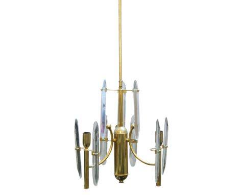 Attributed to Gaetano Sciolari (1927-1994), three light chandelier, circa 1970, brass, glass, 84cm highIt is the buyer's resp