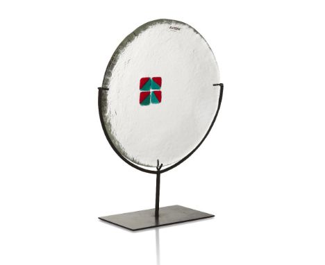 Alfredo Barbini (1912-2007), a textured clear and internally decorated glass dish, on metal stand, circa 1975-1980, glass, la
