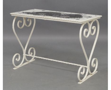 A Maltese tile top coffee table, c.1960, the rectangular monochrome tile top decorated with fish, on scrolling white painted 