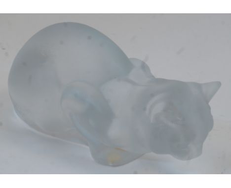 A modern Lalique frosted glass pouncing cat, etched signature 'Lalique R France' to the underside, 23cm longPlease refer to d