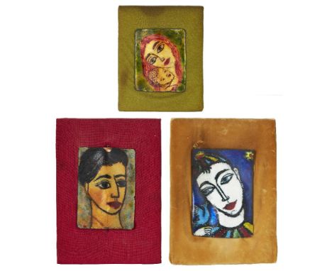 Hedda Carrington, three enamelled portrait plaques, mid 20th century, coloured enamel, copper, fabric, wood,  two signed to t
