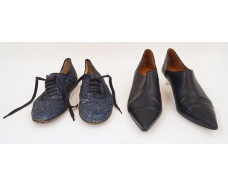 Christian Louboutin: a pair of lace up Glitter Fred Oxfords in navy blue, size '39.5', with gilded logo to insole and stamped