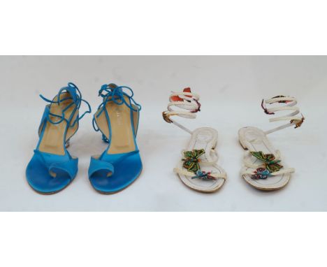 Alexander McQueen: a pair of Butterfly wedge blue satin strappy heels, size '37', with simulated butterfly encased in clear p