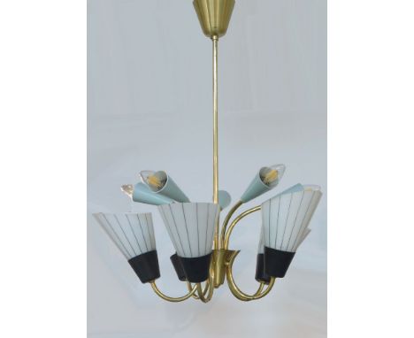 Italian ten light brass chandelier, circa 1950, with five glass shades and five egg shell enamelled shades,  64cm highIt is t