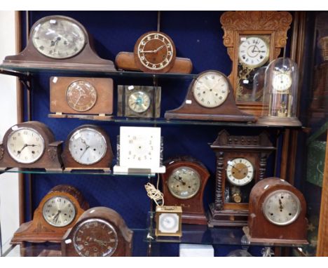 AN ART DECO MARBLE MANTEL CLOCK (electric, missing some numerals), an American 'gingerbread' clock, an anniversary clock (pla