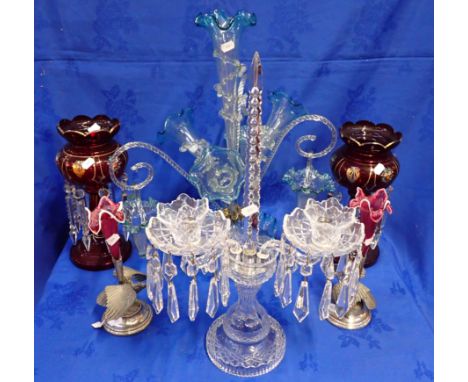 A REGENCY STYLE CUT GLASS CANDELABRA a pair of ruby glass lustres, two vases with eagle metal mounts and an epergne (damage t