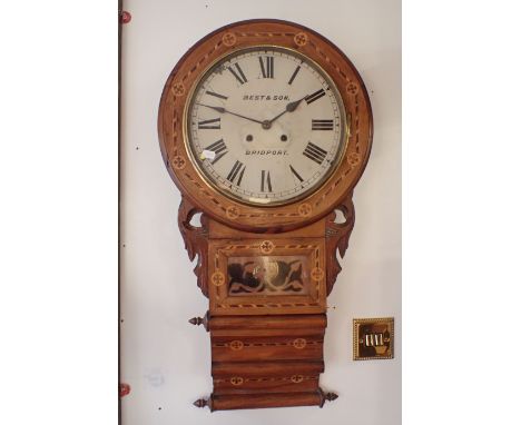 AN AMERICAN MARQUETRY CASED DROP DIAL CLOCK; 'BEST &amp; SON BRIDPORT' painted to the dial (three turned finials missing)