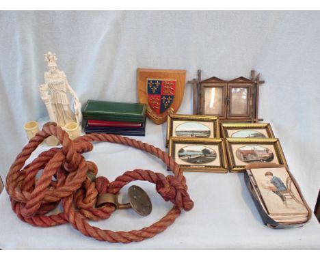 A SMALL QUANTITY OF POSTCARDS (SOME HAND-PAINTED) a Victorian olive wood photograph frame (examine), a rope handrail fitting,