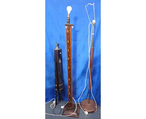 A RETRO STANDARD LAMP WITH ILLUMINATED AMBER COLOURED GLASS CENTRE another standard lamp and a converted tripod standard lamp