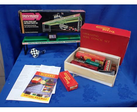 A REVRODS 'FLYING FINISH GATE AND DRAG 'CHUTE SET' and some Hornby railways items 