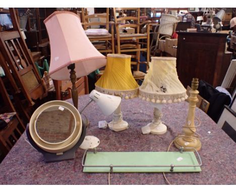 FOUR TABLE LAMPS AND OTHER SIMILAR including a desk light, a dressing table mirror light and a bathroom shelf