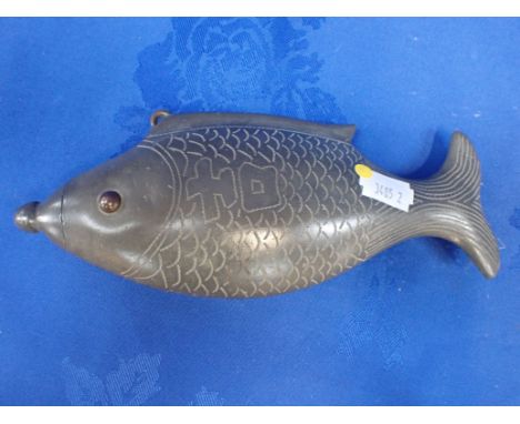 A JAPANESE PEWTER FLASK, IN THE FORM OF A FISH with screw-in stopper with integral tube 20cm long