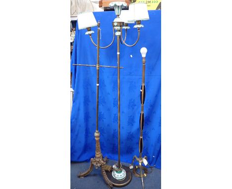 A THREE-BRANCH CERAMIC AND BRASS STANDARD LAMP, ANOTHER STANDARD LAMP and a giltwood and brass pole screen stand (3)