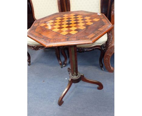 A 19TH CENTURY ROSEWOOD AND BRASS-MOUNTED TRIPOD TABLE with chessboard top 50cm wide