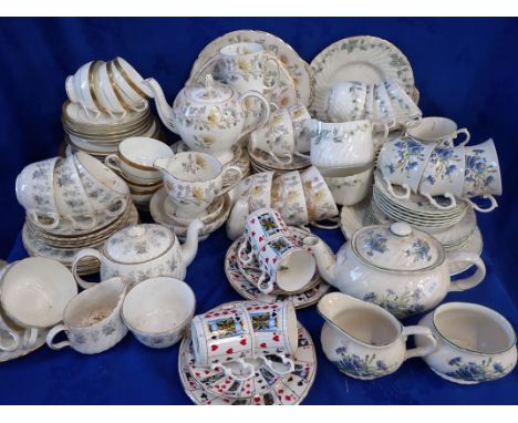 FOUR PLAYING CARD DESIGN COFFEE CANS, SAUCERS AND PLATES and a further quantity of tea ware by Minton and other makes