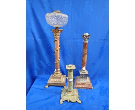 THREE VICTORIAN COLUMN OIL LAMP BASES (no burners) the tallest 62 cm high 