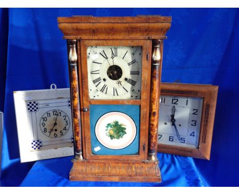 AN AMERICAN SETH THOMAS SHELF CLOCK oak veneer and grained pillars, with two continental kitchen clocks