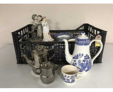 Three baskets of tea china, glass ware, continental figures, table lamp etc 