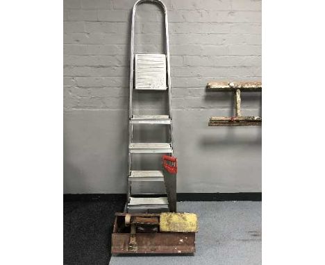 Set of extension ladders, wooden ladders, tool box, tools etc 