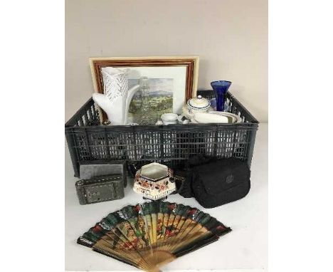 A basket of assorted china and glass ware - antique teapot, Jasperware, Cauldron tureen, Ricoh camera, pictures, glass carboy
