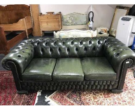 A green button leather Chesterfield settee 