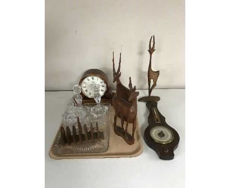 A tray of mantel clock, barometer, wooden animals, trinket set etc 