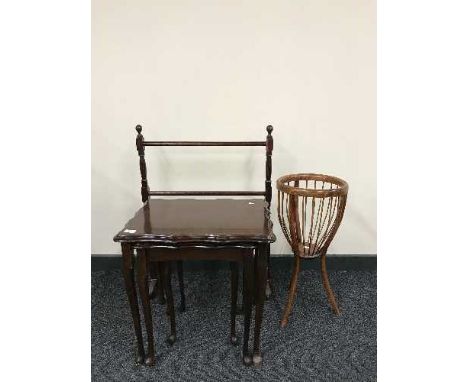 A mahogany nest of tables, small towel rail and a beech wood planter