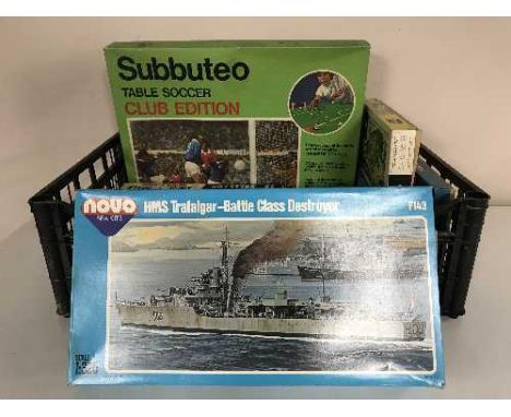 A box of Subbuteo table soccer edition, modelling kits inc. Airfix Cutty Sark, Revel Sikosky helicopter etc 