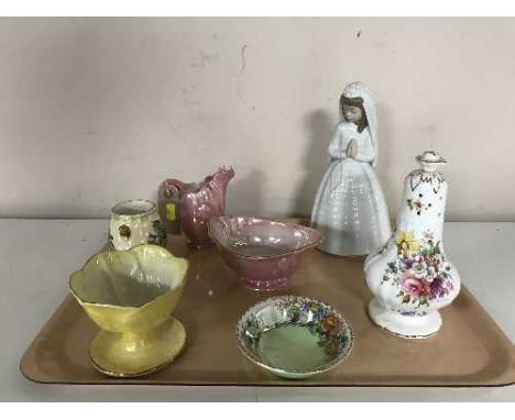 A tray of four pieces of Maling, Nao figure of a girl and Royal Hammersley sugar sifter 