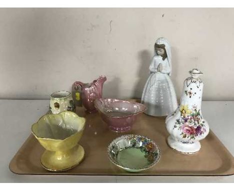 A tray of four pieces of Maling, Nao figure of a girl and Royal Hammersley sugar sifter 