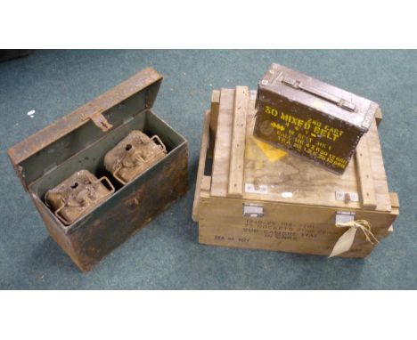 Metal crate containing two railway type lamp interiors, a wooden crate for 72 66mm Rockets and a 240 Cart 30 mixed belt ammun