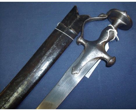 Early 19th C Indian Talwar sword with standard pattern hilt and 32 inch semi curved blade, complete with leather scabbard 