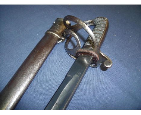 1821 pattern sword with 32.5 inch slightly curved single fullered blade, half basket hilt and steel scabbard 