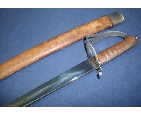 Mid to late 20th C Indian sword with 30 inch slightly curved single fullered blade with various stamped marks, with half bask