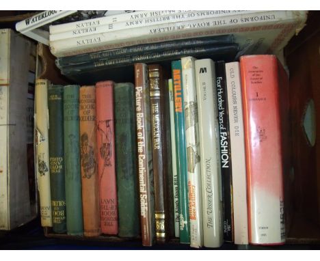 Box of military related books including The Cutters Practical Guide, The Wonder Book of Soldiers, Uniforms of the Royal Artil