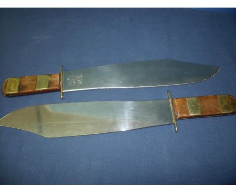 Pair of large bladed machete style knives with two piece wood &amp; brass grips and 14.5 inch blades 