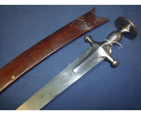 Mid to late 19th C Indian Talwar sword with 32.5 inch semi curved blade with double edged point blade marked SLK62, with stee