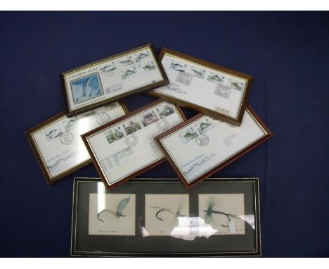 Framed print of three fishing flies and a set of five framed &amp; mounted House of Hardy First Day Covers 