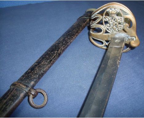 Victorian Officers dress sword with 32 inch single fullered straight blade with engraved crowned VR &amp; scrollwork detail, 