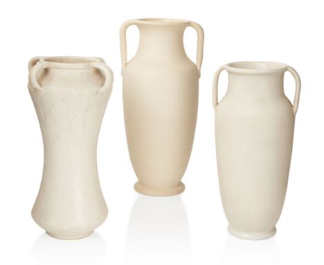 THE ANDREW WEAVING COLLECTION,   Fulham Pottery in the manner of Constance Spry,  Two amphora vases and a four-handled vase, 