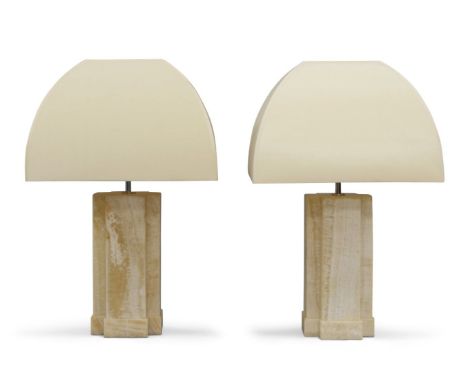 Armani Casa,   Pair of 'Bloom' table lamps, circa 2015,  Alabaster, fabric shade,  Each with manufacturer's label to undersid