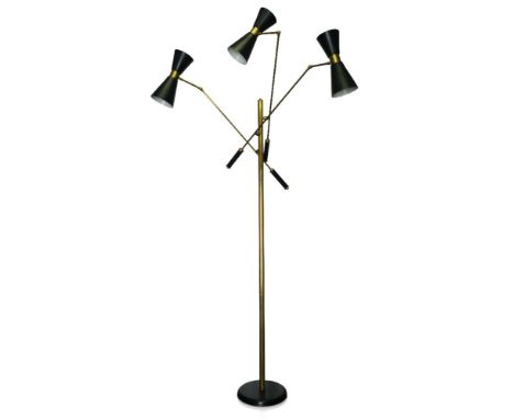 Manner of Arteluce,    Italian brass three light floor lamp, 20th Century,  Brass, lacquered metal,  190cm highPlease refer t