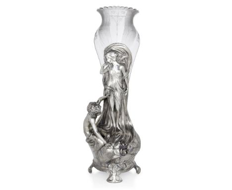 WMF,   Art Nouveau figural vase with liner, circa 1900,  Pewter, clear and etched glass,  Marks rubbed and indistinct,  52cm 