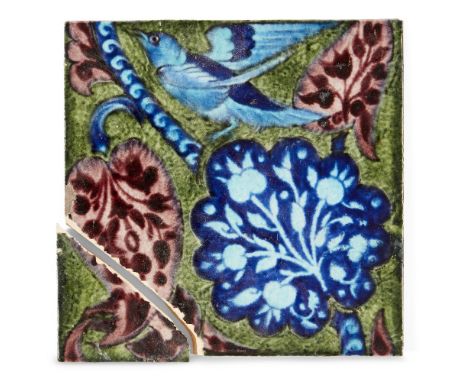 William de Morgan (1839-1917),   'Persian' foliage and bird tile, 1888-1897,  Glazed earthenware,  Impressed Sands End Potter
