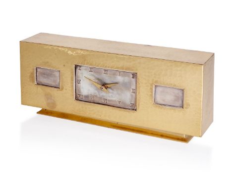 Designer Unknown,    Bauhaus style mantel clock, circa 1930s,  Silvered metal and hammered brass,  Unmarked,  25.3cm x 5.2cm 