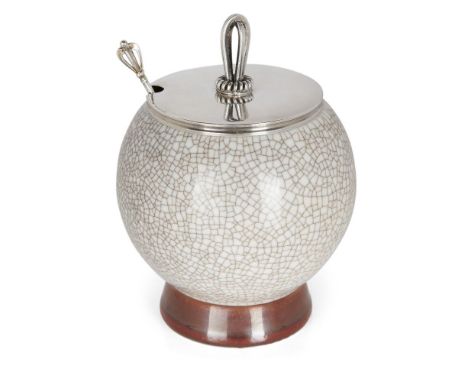 Bing & Grondahl,   Marmalade pot with sterling lid by Hugo Grun and sterling spoon, circa 1950,  Crackle glaze ceramic, sterl