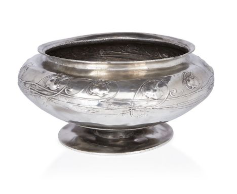 Archibald Knox (1864-1933) for Liberty & Co,   Large Tudric pedestal bowl or planter with foliate pattern in relief, circa 19