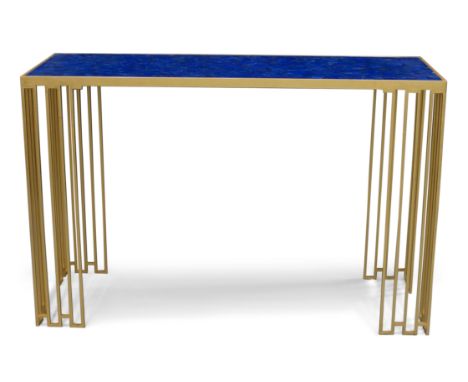 Simon Orrell Designs,   Pair of 'Cirrus' console tables, circa 2020,  Gilt metal, tessellated Lapis Lazuli,  90.5cm high, 138