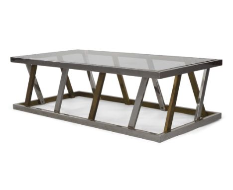 Manner of Romeo Rega,   Chromed and brass coffee table, circa 1970,  Brass, chromed steel, glass,  41cm high, 140cm wide, 70.