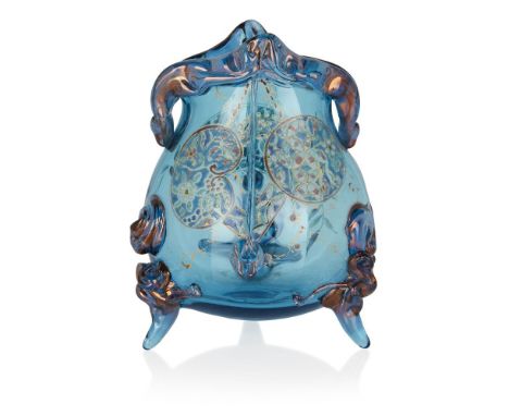 Auguste Jean (1829-1896),   Aesthetic Movement footed vase with Japanese motifs, circa 1880,  Blue glass with polychrome enam